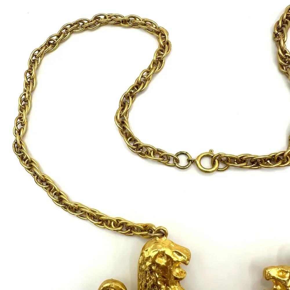 Vintage gold tone chunky massive lion door knocker chain statement necklace